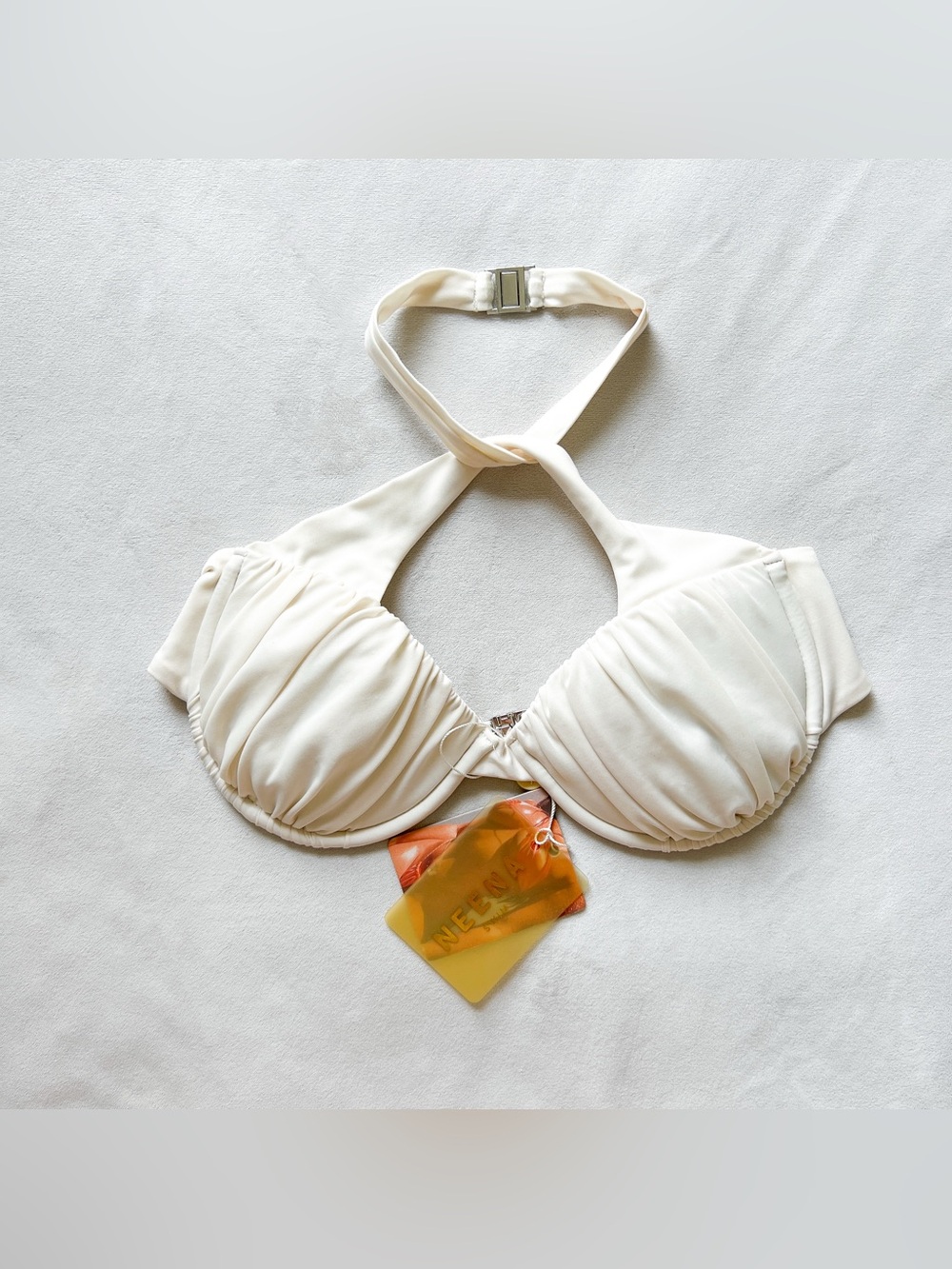 NEENA Swim Cream Halter Bikini Top with Silver Clasp - Size S+